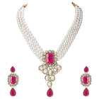 Bliss Crystal Pearl Choker Necklace Set - Rani Pink
