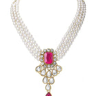 Bliss Crystal Pearl Choker Necklace Set - Rani Pink