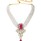 Bliss Crystal Pearl Choker Necklace Set - Rani Pink