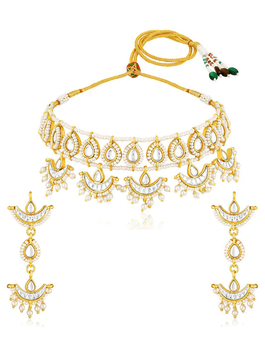 White choker earring set crafted from alloy, adorned with crystal & beads for an elegant, timeless look | Peora
