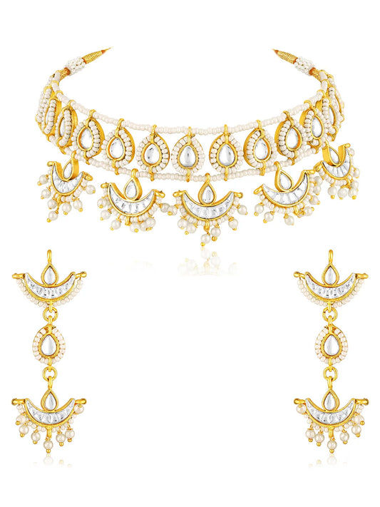 White choker earring set crafted from alloy, adorned with crystal & beads for an elegant, timeless look | Peora
