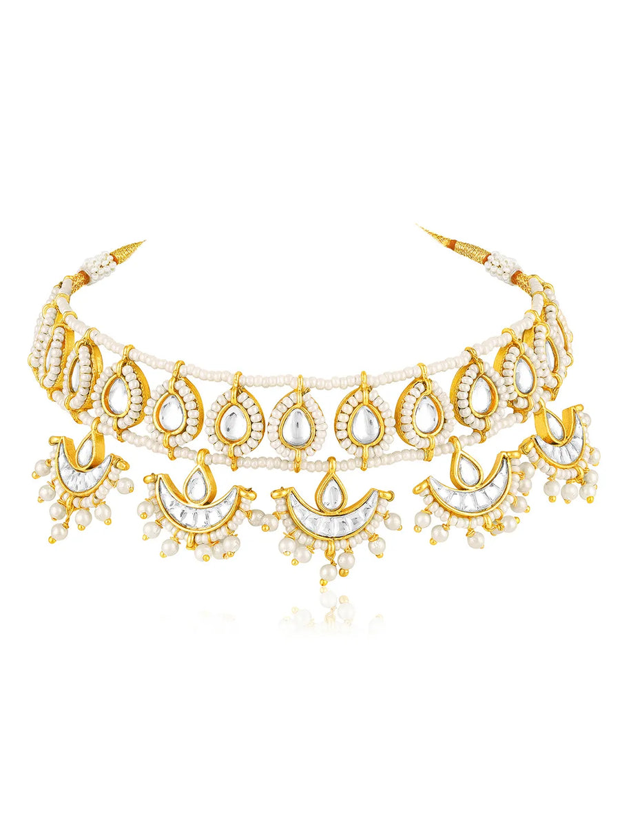 White choker earring set crafted from alloy, adorned with crystal & beads for an elegant, timeless look | Peora
