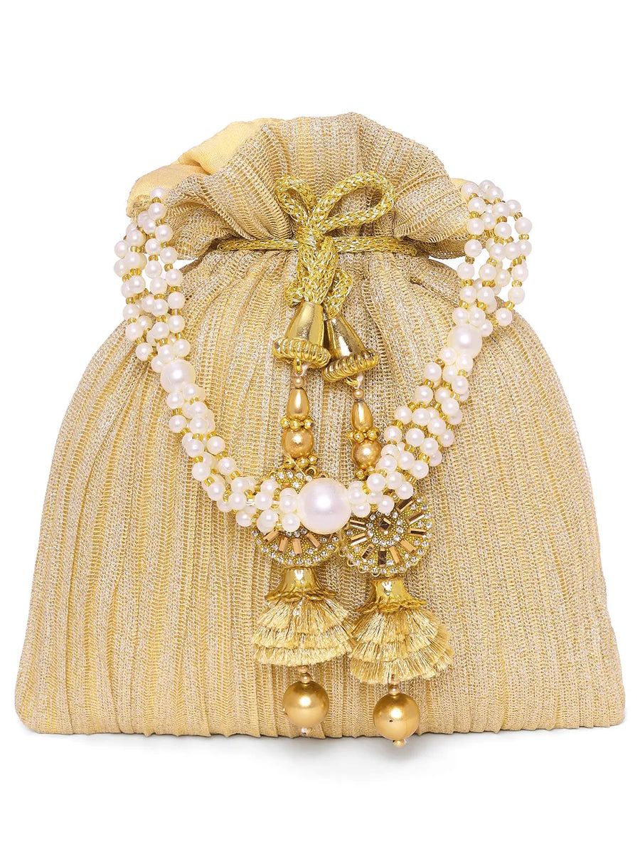 Gold potli bag named Textured Potli with Pearl Handle, featuring artificial beads detailing and soft fabric texture | Peora

