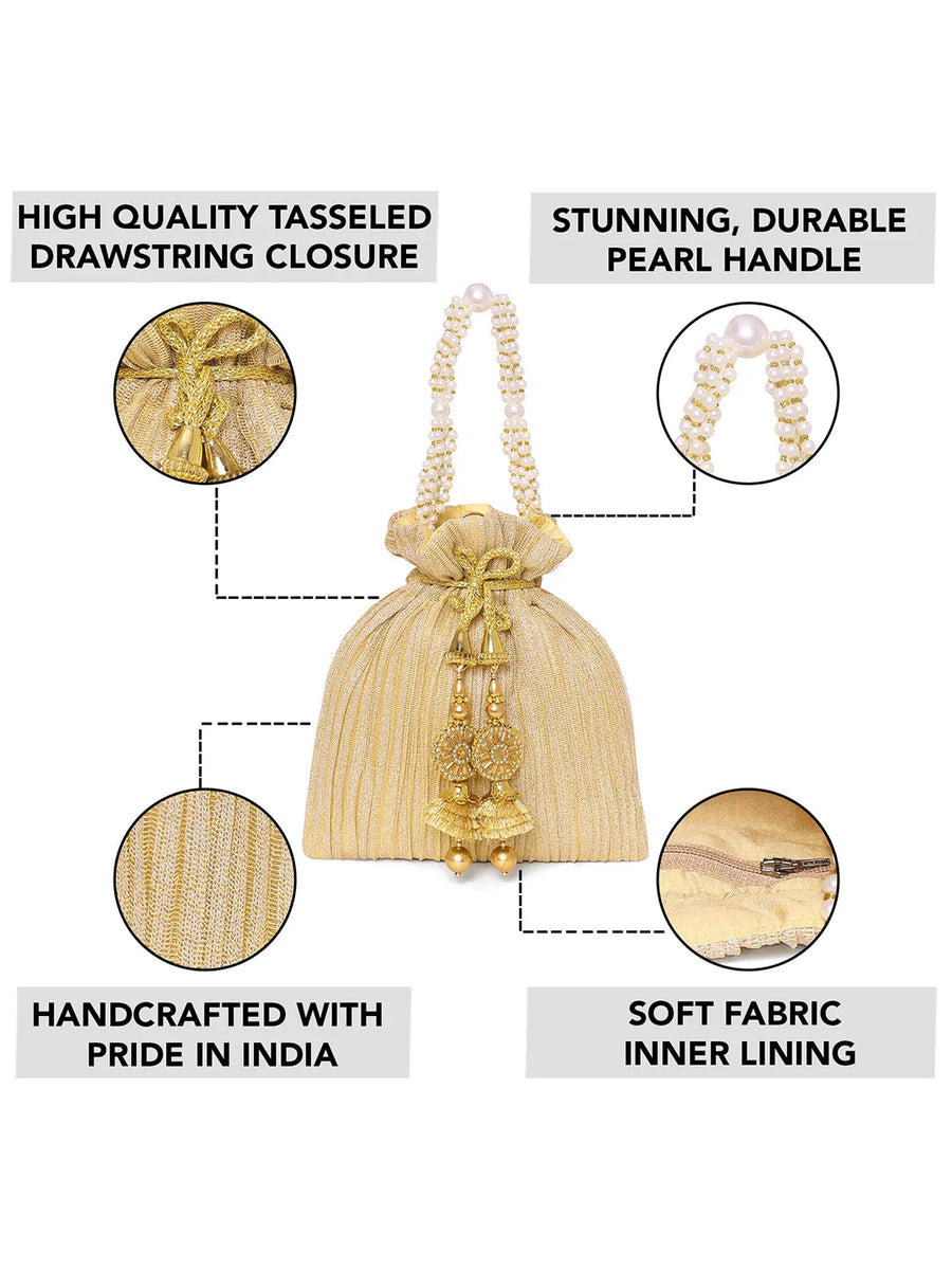 Gold potli bag named Textured Potli with Pearl Handle, featuring artificial beads detailing and soft fabric texture | Peora

