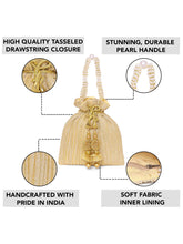 Gold potli bag named Textured Potli with Pearl Handle, featuring artificial beads detailing and soft fabric texture | Peora
