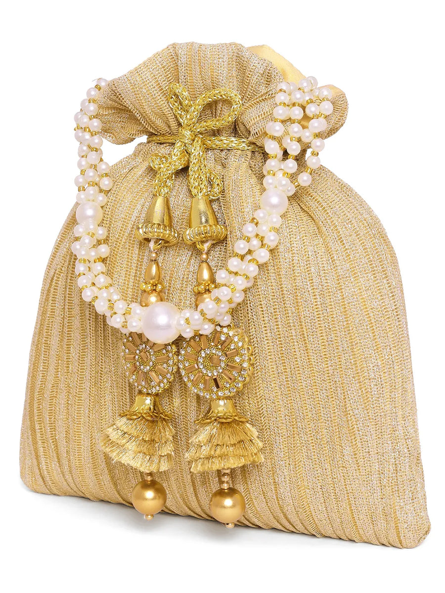 Gold potli bag named Textured Potli with Pearl Handle, featuring artificial beads detailing and soft fabric texture | Peora
