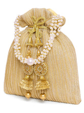 Gold potli bag named Textured Potli with Pearl Handle, featuring artificial beads detailing and soft fabric texture | Peora

