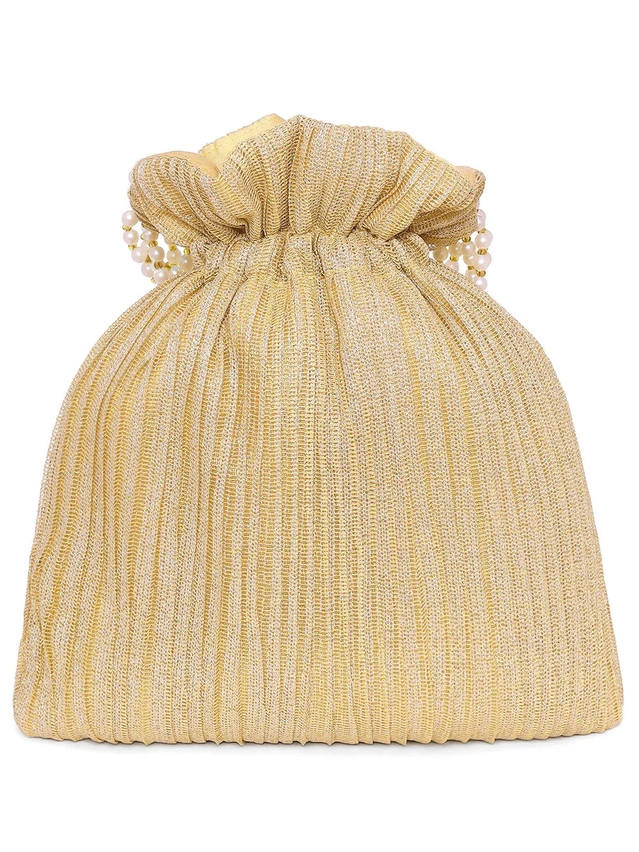 Gold potli bag named Textured Potli with Pearl Handle, featuring artificial beads detailing and soft fabric texture | Peora
