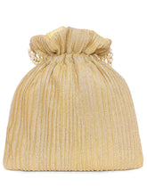 Gold potli bag named Textured Potli with Pearl Handle, featuring artificial beads detailing and soft fabric texture | Peora
