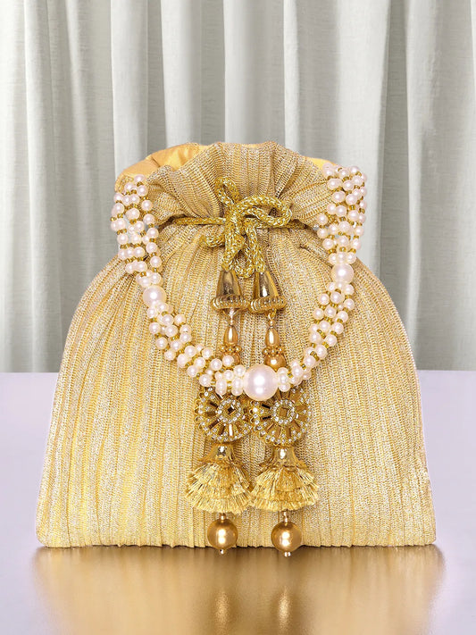 Gold potli bag named Textured Potli with Pearl Handle, featuring artificial beads detailing and soft fabric texture | Peora
