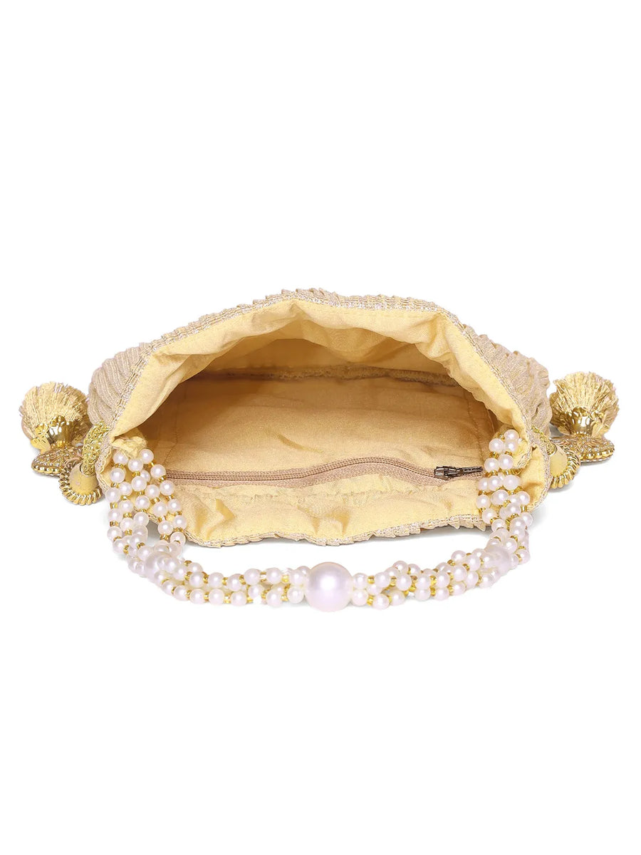 Gold potli bag named Textured Potli with Pearl Handle, featuring artificial beads detailing and soft fabric texture | Peora
