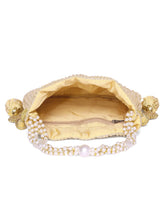 Gold potli bag named Textured Potli with Pearl Handle, featuring artificial beads detailing and soft fabric texture | Peora
