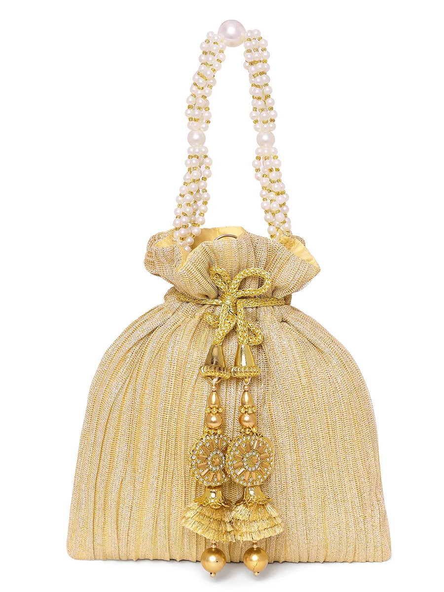 Gold potli bag named Textured Potli with Pearl Handle, featuring artificial beads detailing and soft fabric texture | Peora
