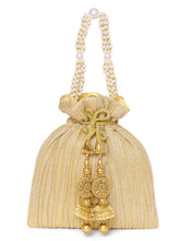 Gold potli bag named Textured Potli with Pearl Handle, featuring artificial beads detailing and soft fabric texture | Peora
