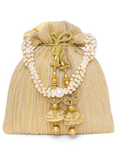 Gold potli bag named Textured Potli with Pearl Handle, featuring artificial beads detailing and soft fabric texture | Peora
