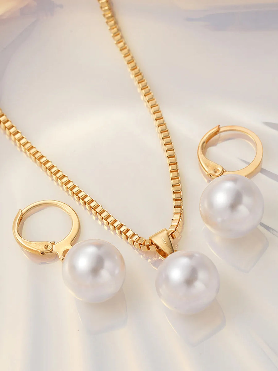 Gold pendant chain earring set crafted from alloy, adorned with pearl for an elegant, timeless look | Peora
