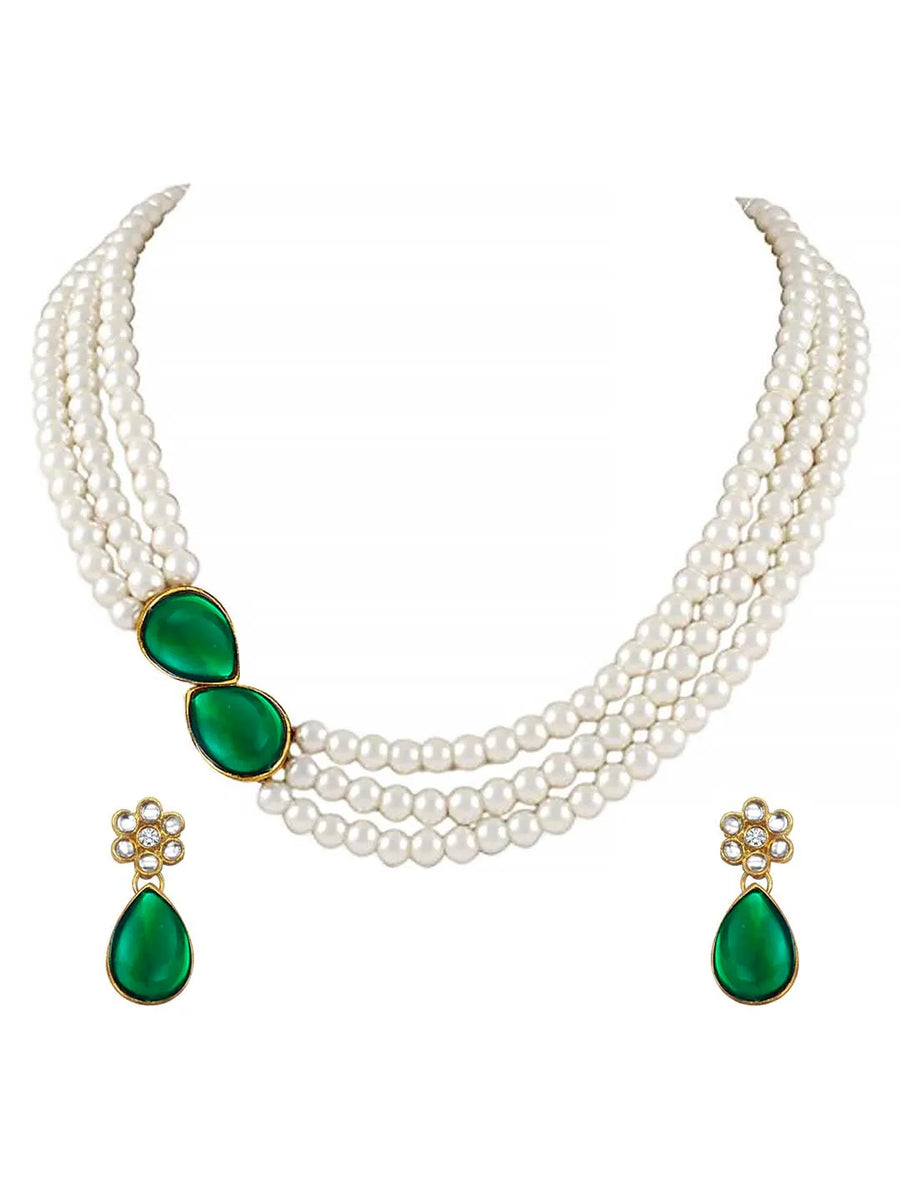 Pearl Elegance Stones Necklace Set - Green