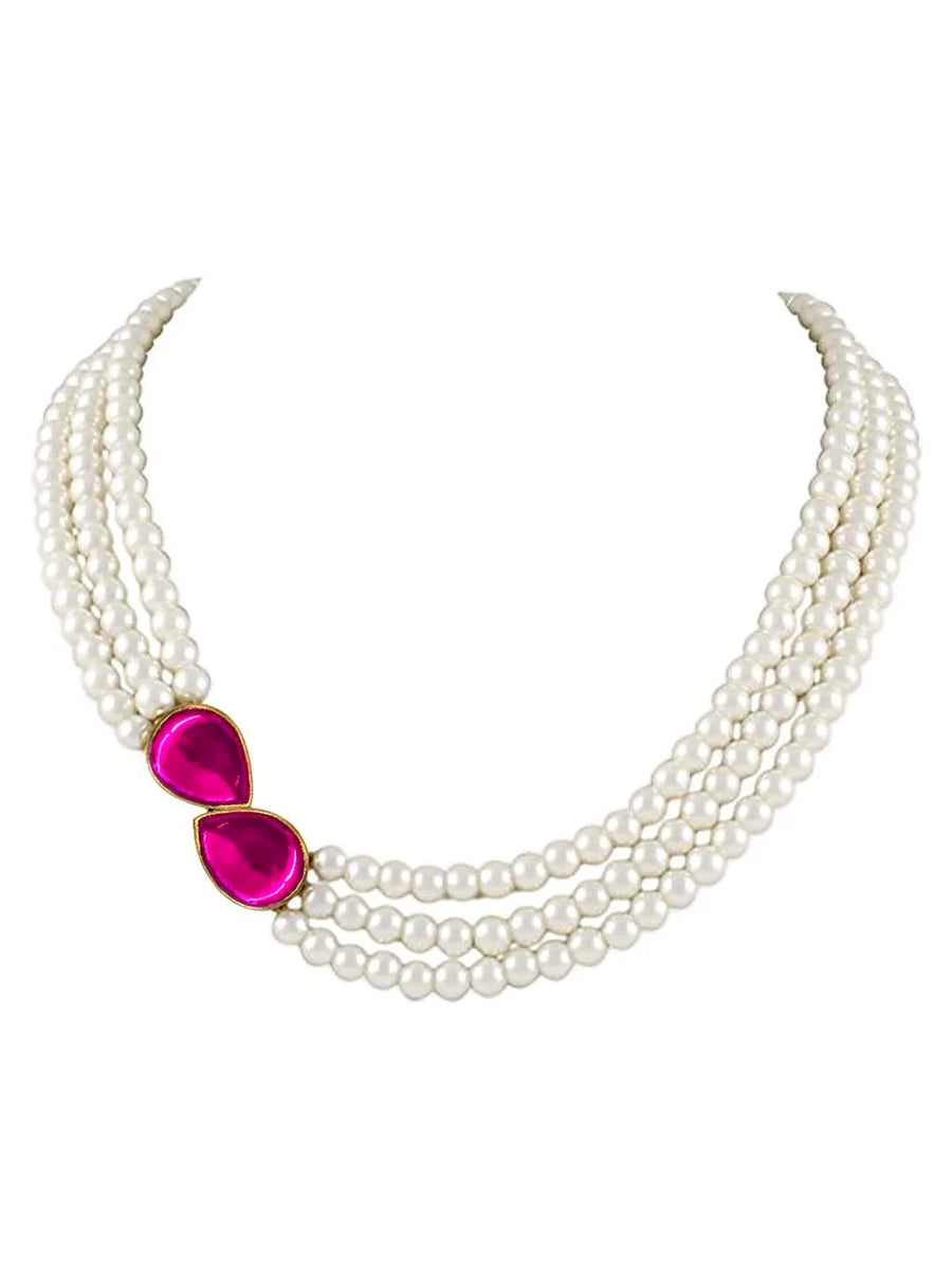 Pearl Elegance Stones Necklace Set - Rani Pink
