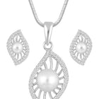 Leafy Luster Pearls and CZ Pendant Set. Silver plating pendant set with pair of earrings, in leaf shape embellished with pearl in centre.