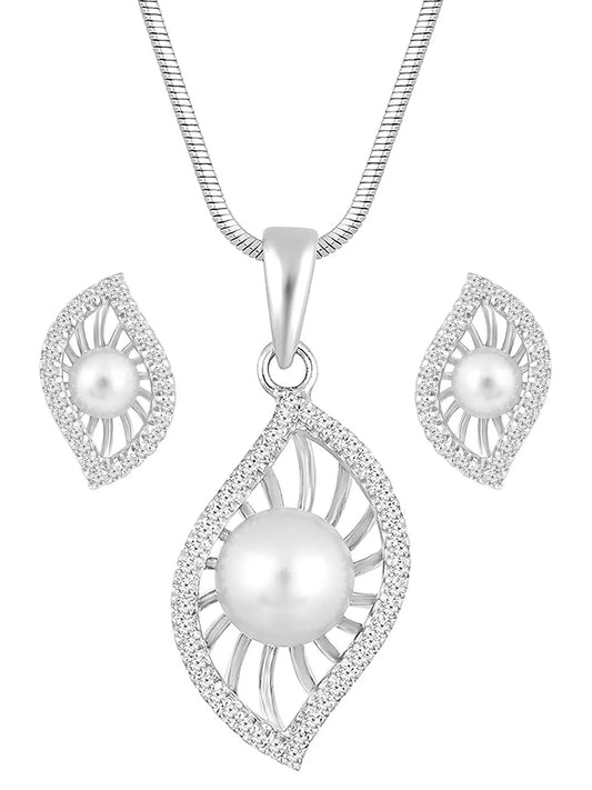Leafy Luster Pearls and CZ Pendant Set. Silver plating pendant set with pair of earrings, in leaf shape embellished with pearl in centre.