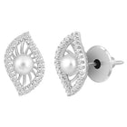 Leafy Luster Pearls and CZ Pendant Set. Silver plating pendant set with pair of earrings, in leaf shape embellished with pearl in centre.