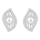 Leafy Luster Pearls and CZ Pendant Set. Silver plating pendant set with pair of earrings, in leaf shape embellished with pearl in centre.