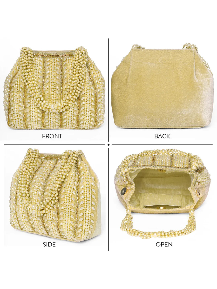 Gold potli bag named Traditional Pearl Cluster Potli Bag, featuring faux pearl detailing and soft fabric texture | Peora
