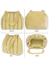 Gold potli bag named Traditional Pearl Cluster Potli Bag, featuring faux pearl detailing and soft fabric texture | Peora
