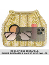 Gold potli bag named Traditional Pearl Cluster Potli Bag, featuring faux pearl detailing and soft fabric texture | Peora
