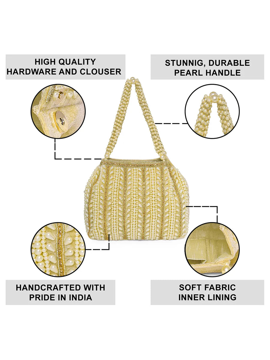 Gold potli bag named Traditional Pearl Cluster Potli Bag, featuring faux pearl detailing and soft fabric texture | Peora
