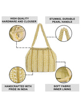 Gold potli bag named Traditional Pearl Cluster Potli Bag, featuring faux pearl detailing and soft fabric texture | Peora
