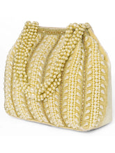 Gold potli bag named Traditional Pearl Cluster Potli Bag, featuring faux pearl detailing and soft fabric texture | Peora
