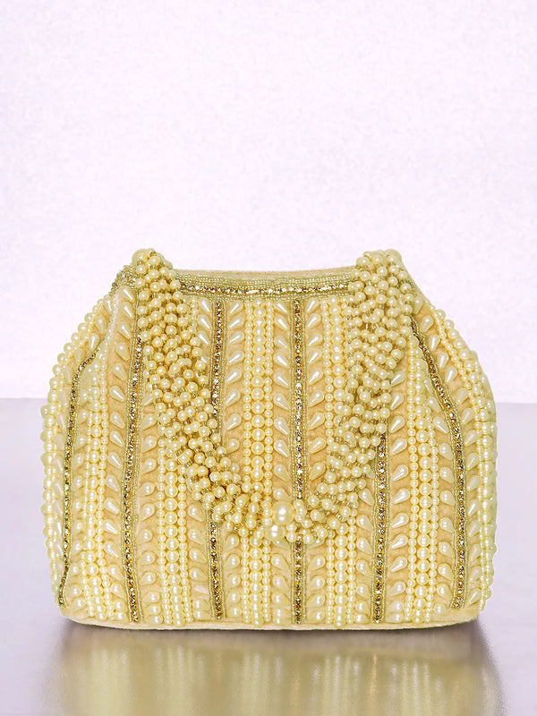 Gold potli bag named Traditional Pearl Cluster Potli Bag, featuring faux pearl detailing and soft fabric texture | Peora
