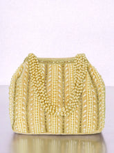 Gold potli bag named Traditional Pearl Cluster Potli Bag, featuring faux pearl detailing and soft fabric texture | Peora
