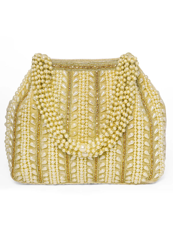 Gold potli bag named Traditional Pearl Cluster Potli Bag, featuring faux pearl detailing and soft fabric texture | Peora
