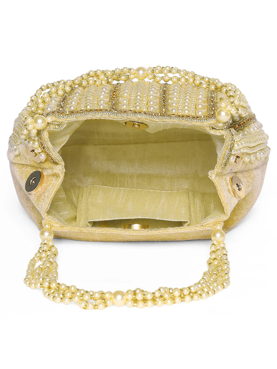Gold potli bag named Traditional Pearl Cluster Potli Bag, featuring faux pearl detailing and soft fabric texture | Peora
