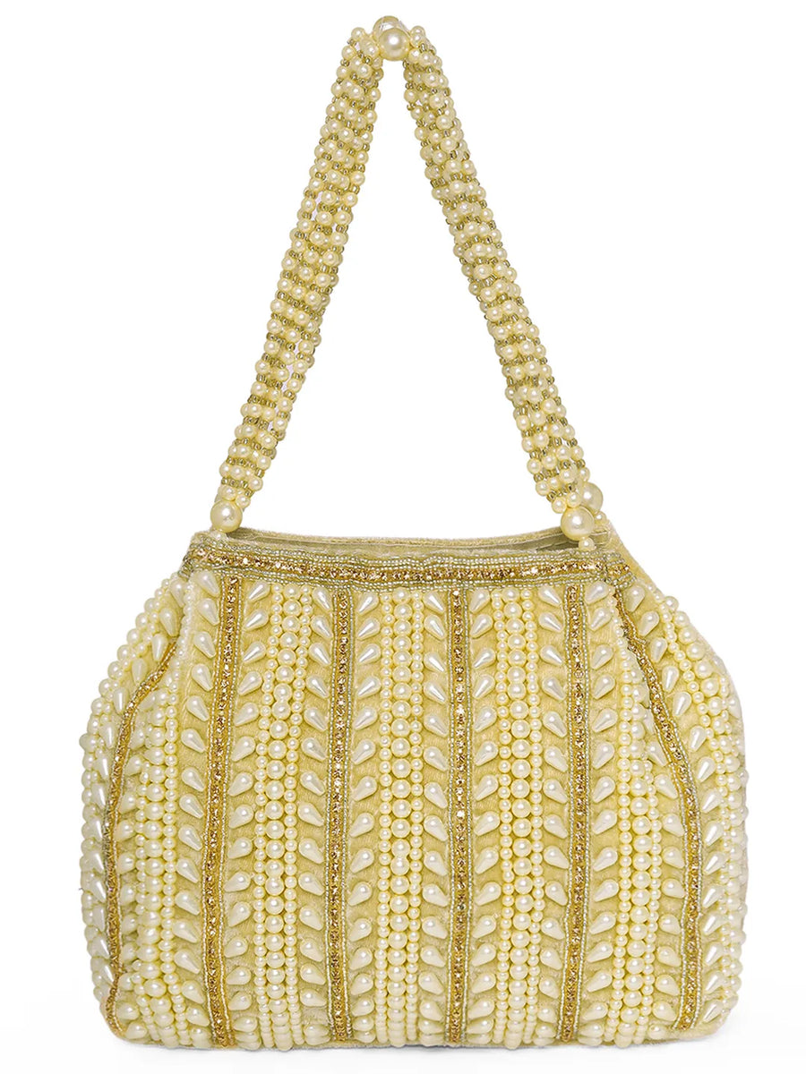 Gold potli bag named Traditional Pearl Cluster Potli Bag, featuring faux pearl detailing and soft fabric texture | Peora
