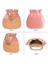 Pink potli bag named Pearl Trim Zari Bead Potli Bag, featuring artificial beads detailing and soft fabric texture | Peora
