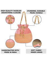 Pink potli bag named Pearl Trim Zari Bead Potli Bag, featuring artificial beads detailing and soft fabric texture | Peora
