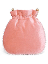 Pink potli bag named Pearl Trim Zari Bead Potli Bag, featuring artificial beads detailing and soft fabric texture | Peora
