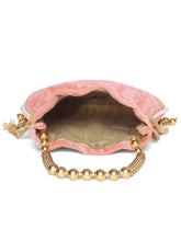 Pink potli bag named Pearl Trim Zari Bead Potli Bag, featuring artificial beads detailing and soft fabric texture | Peora

