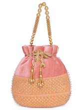 Pink potli bag named Pearl Trim Zari Bead Potli Bag, featuring artificial beads detailing and soft fabric texture | Peora

