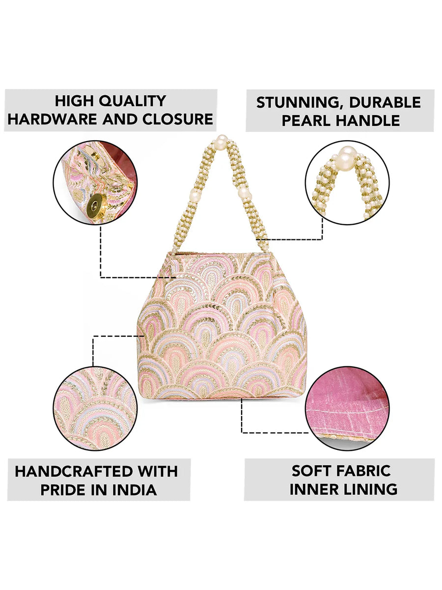 Pink potli bag named Sequin Wave Embellished Potli Bag, featuring artificial beads detailing and soft fabric texture | Peora
