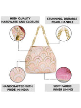 Pink potli bag named Sequin Wave Embellished Potli Bag, featuring artificial beads detailing and soft fabric texture | Peora
