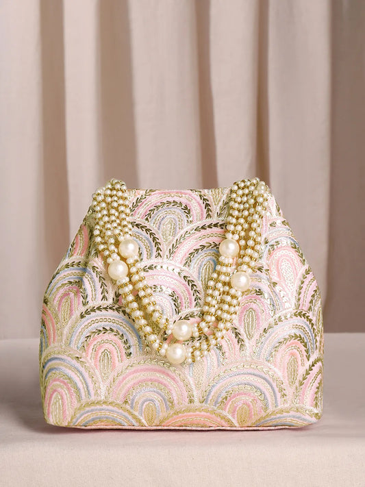 Pink potli bag named Sequin Wave Embellished Potli Bag, featuring artificial beads detailing and soft fabric texture | Peora
