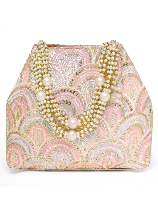 Pink potli bag named Sequin Wave Embellished Potli Bag, featuring artificial beads detailing and soft fabric texture | Peora
