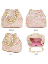 Pink potli bag named Sequin Wave Embellished Potli Bag, featuring artificial beads detailing and soft fabric texture | Peora
