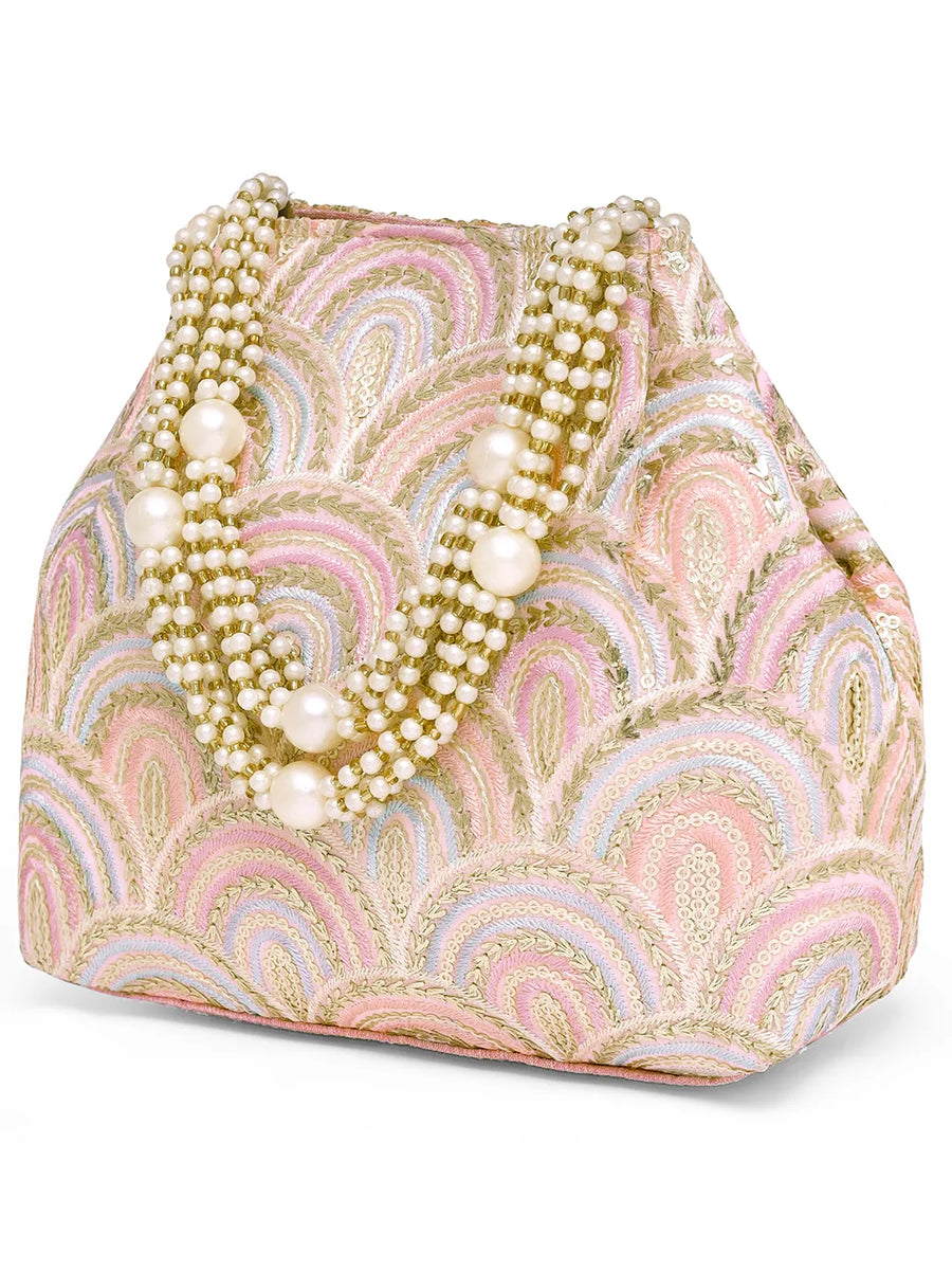 Pink potli bag named Sequin Wave Embellished Potli Bag, featuring artificial beads detailing and soft fabric texture | Peora
