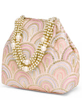 Pink potli bag named Sequin Wave Embellished Potli Bag, featuring artificial beads detailing and soft fabric texture | Peora
