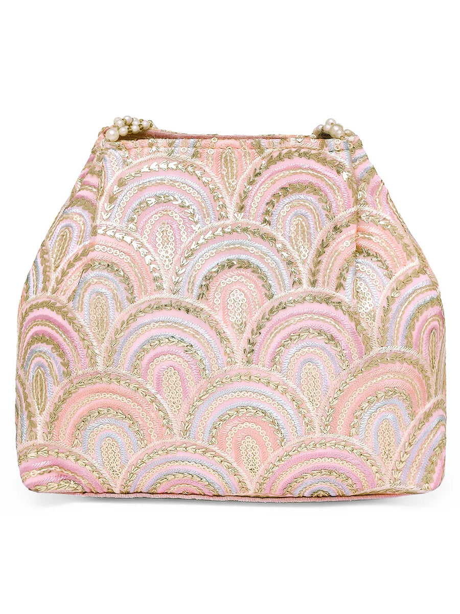Pink potli bag named Sequin Wave Embellished Potli Bag, featuring artificial beads detailing and soft fabric texture | Peora
